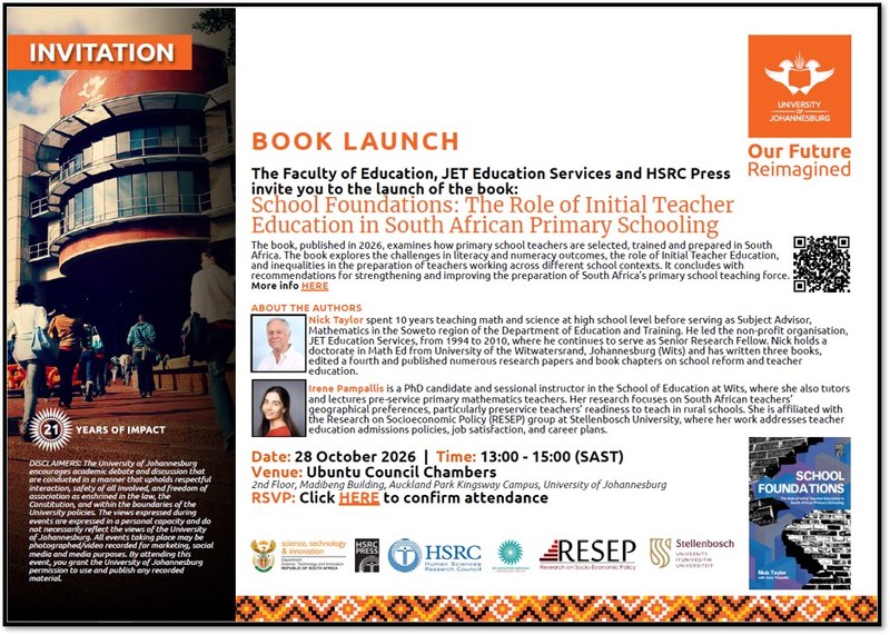 Book Launch: School Foundations: The Role of Initial Teacher Education in South African Primary Schooling